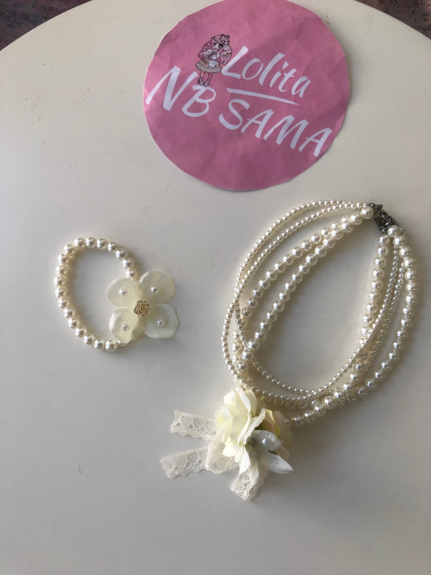 Handmade HimeLolita Artificial Pearl Floral Necklace and Bracelet Set by nbsamalolita