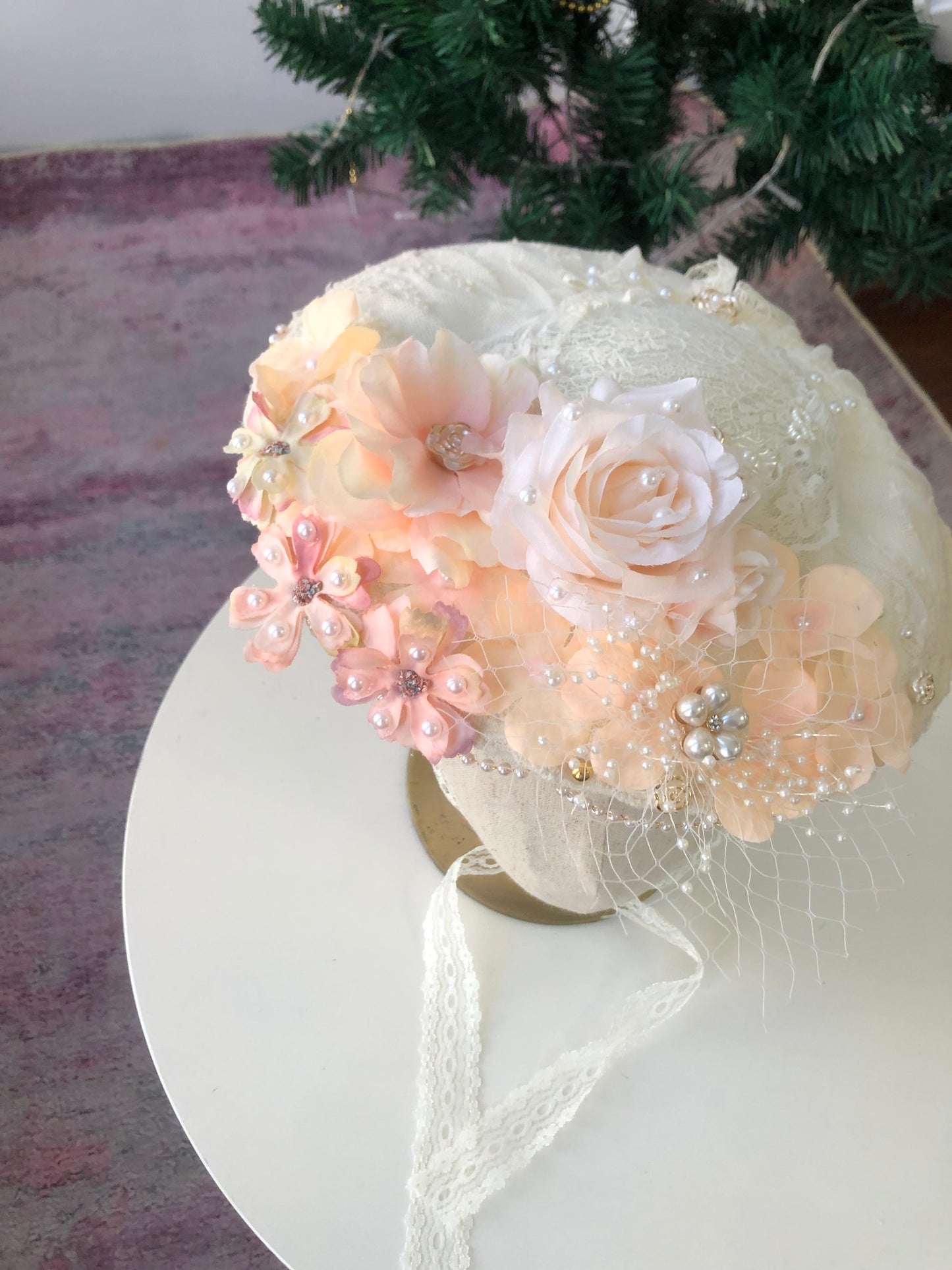 Handmade Floral Apricot Lolita Side Hat by nbsamalolita