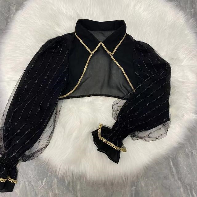 Dull Black Long Sleeve Lace Blouse