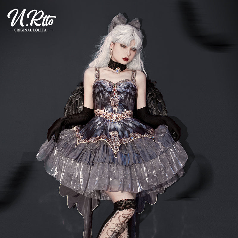 JSK Full Set ♥Pre-order 1 month♥Black Swan Grey Feather ♥Gothic Lolita Dress