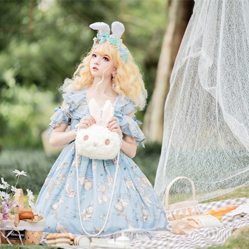 Lolita rabbit bag plush pearl chain bag