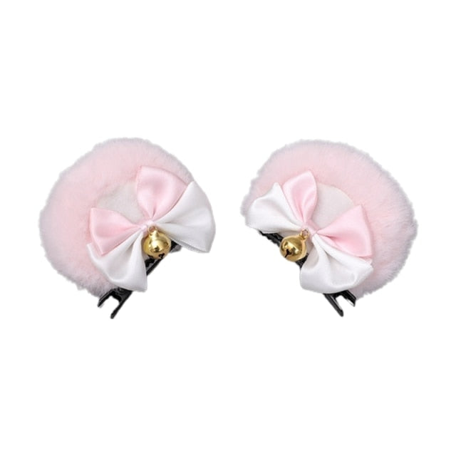 Handmade Lolita Faux Fur Round Bear Ears Hair Clip 2Pcs Set