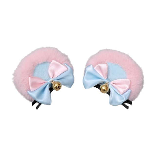 Handmade Lolita Faux Fur Round Bear Ears Hair Clip 2Pcs Set