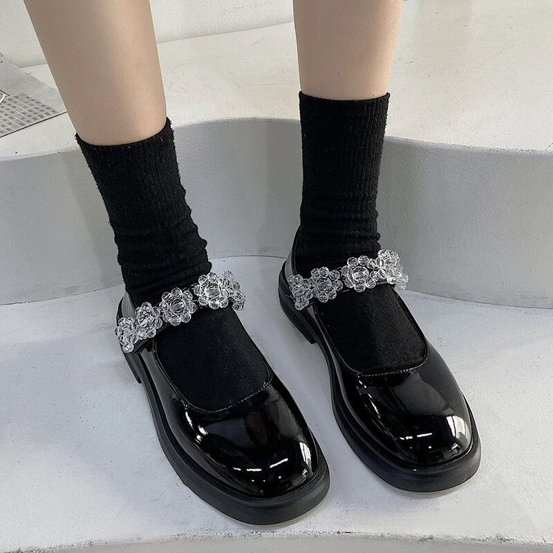 Crystal Flowers Shoes Black Leather Lolita Shoes