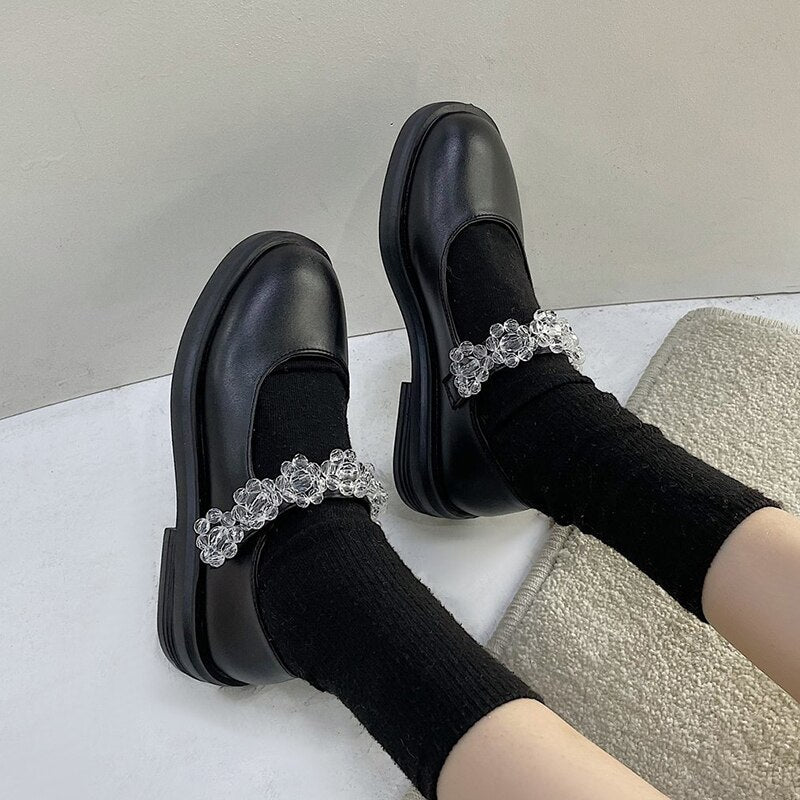 Crystal Flowers Shoes Black Leather Lolita Shoes