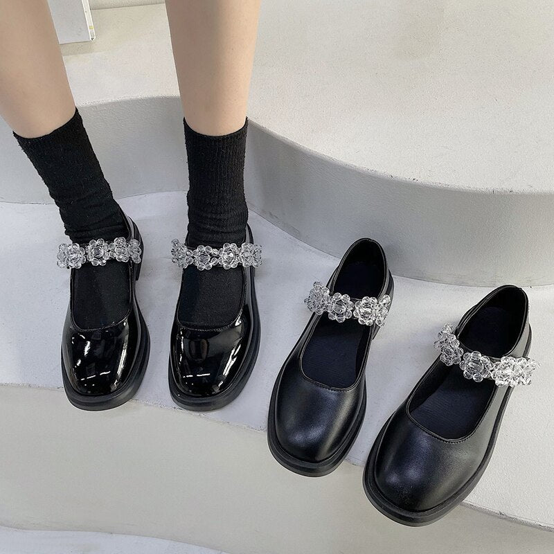 Crystal Flowers Shoes Black Leather Lolita Shoes