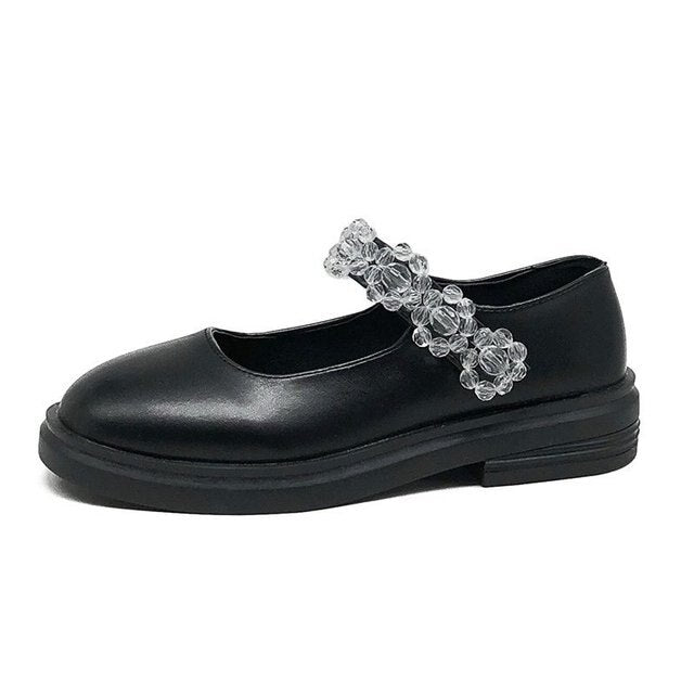 Crystal Flowers Shoes Black Leather Lolita Shoes