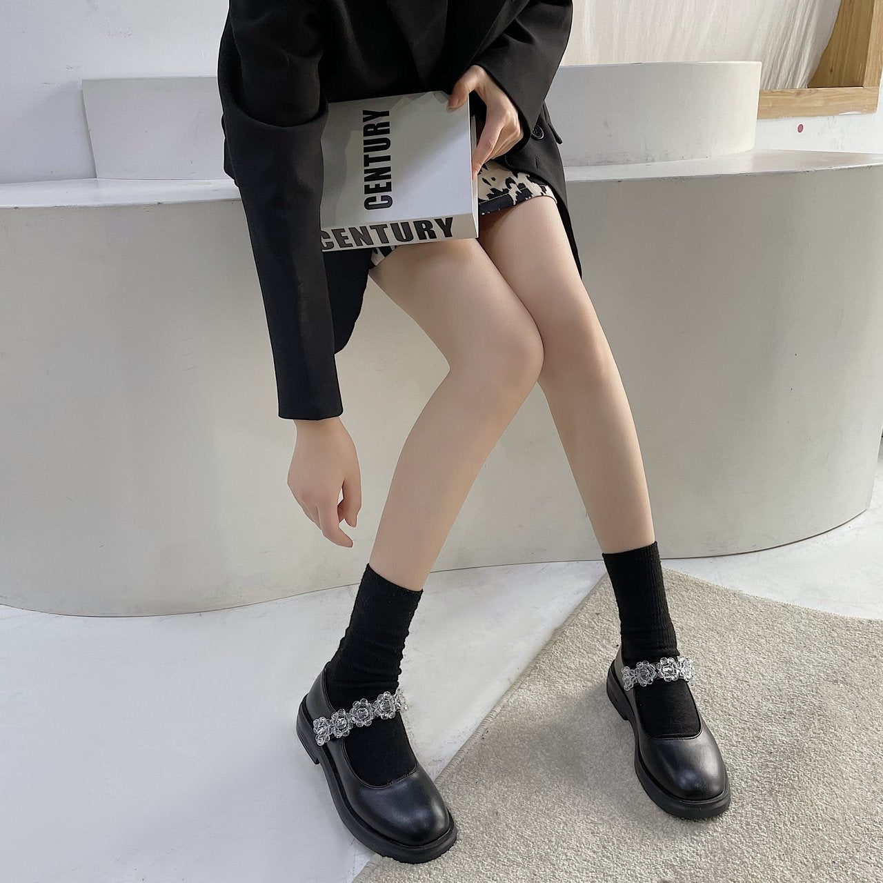 Crystal Flowers Shoes Black Leather Lolita Shoes