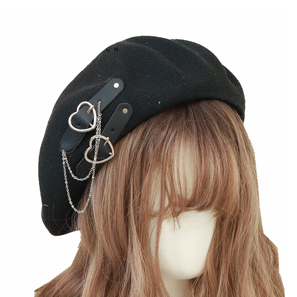 Lolita Gothic Punk Beret Heart Buckle Beanie JK Hat – nbsama display picture 2