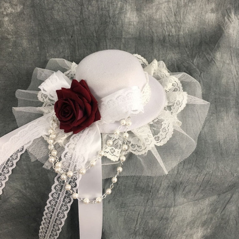 Vintage Small Lolita Top Hat Hairpin Ruffles Lace Ribbon Bow