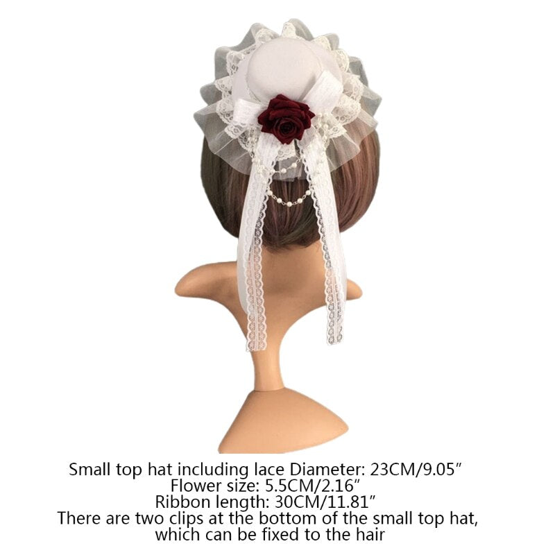 Vintage Small Lolita Top Hat Hairpin Ruffles Lace Ribbon Bow