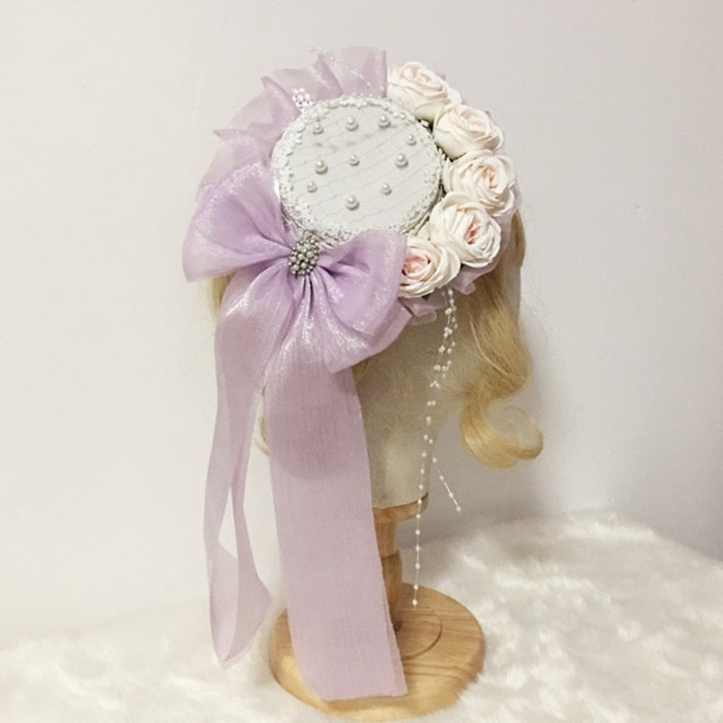 Sweet Lolita Pearl Beaded Mini Lace Top Hat
