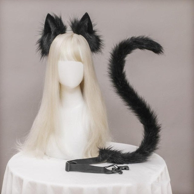Plush Cat Ears Realistic Lolita Headband Cat Tail