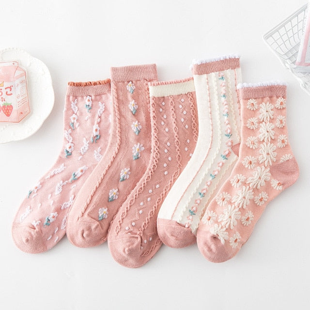 5 Pairs/ Lot Lolita Lace Flower Crew Socks