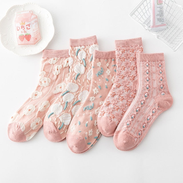 5 Pairs/ Lot Lolita Lace Flower Crew Socks