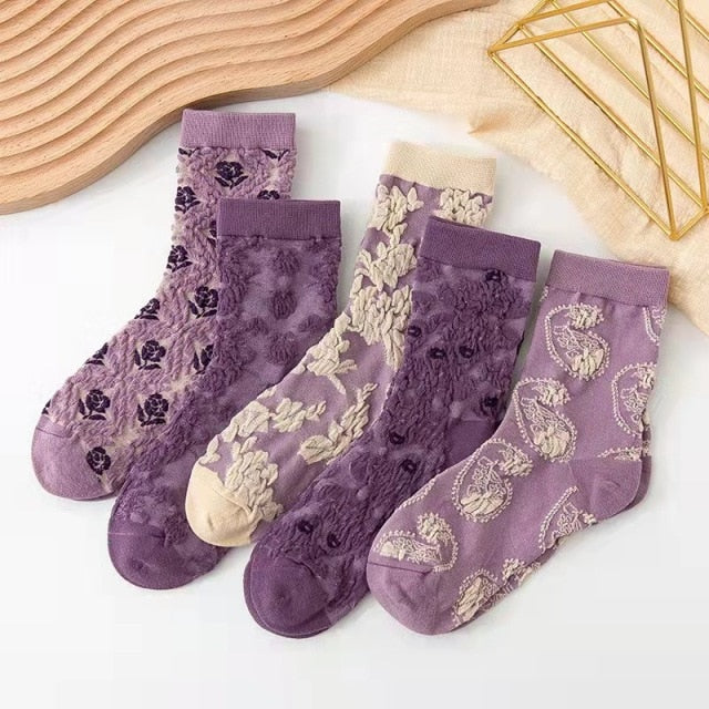 5 Pairs/ Lot Lolita Lace Flower Crew Socks