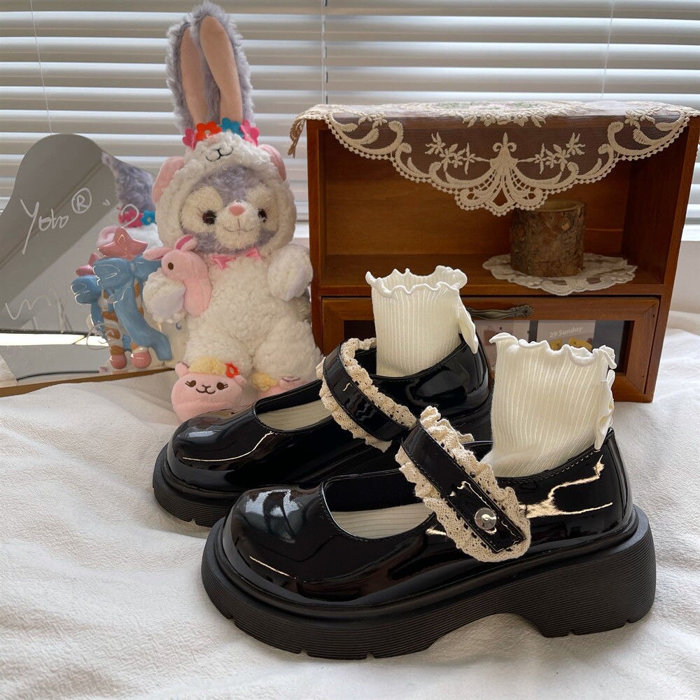 Spring Autumn Sweet Ruffles Lolita Shoes JK Round Leather Shoes