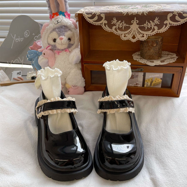Spring Autumn Sweet Ruffles Lolita Shoes JK Round Leather Shoes