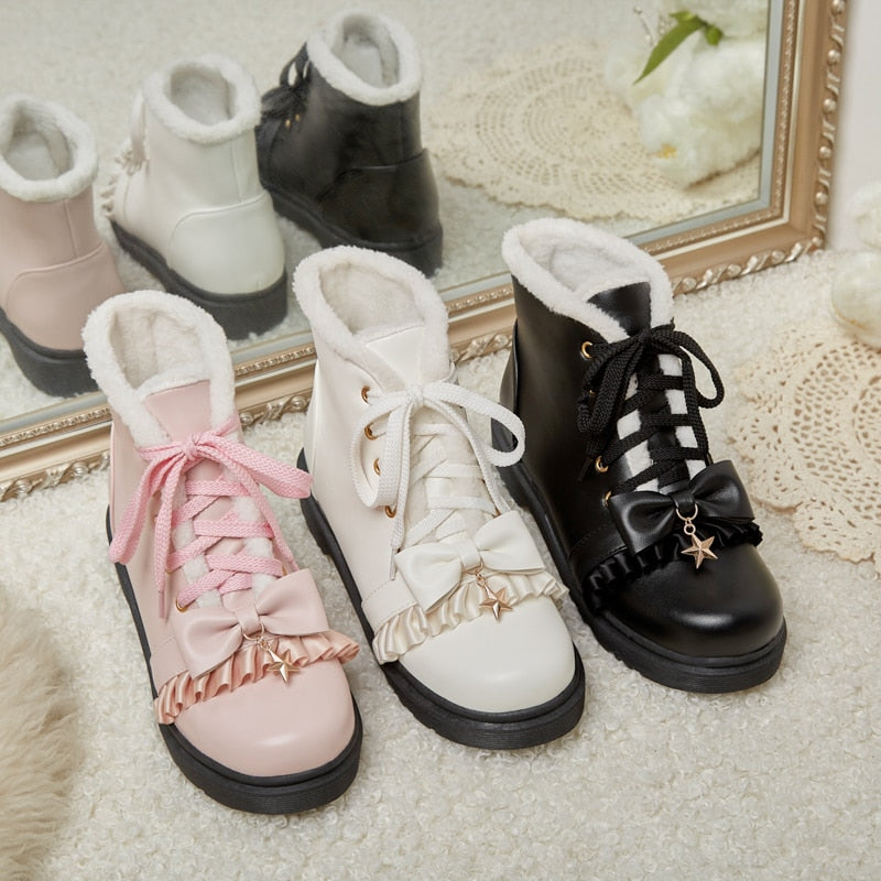 Lolita Ankle Star Lace Up Fur Short Boots