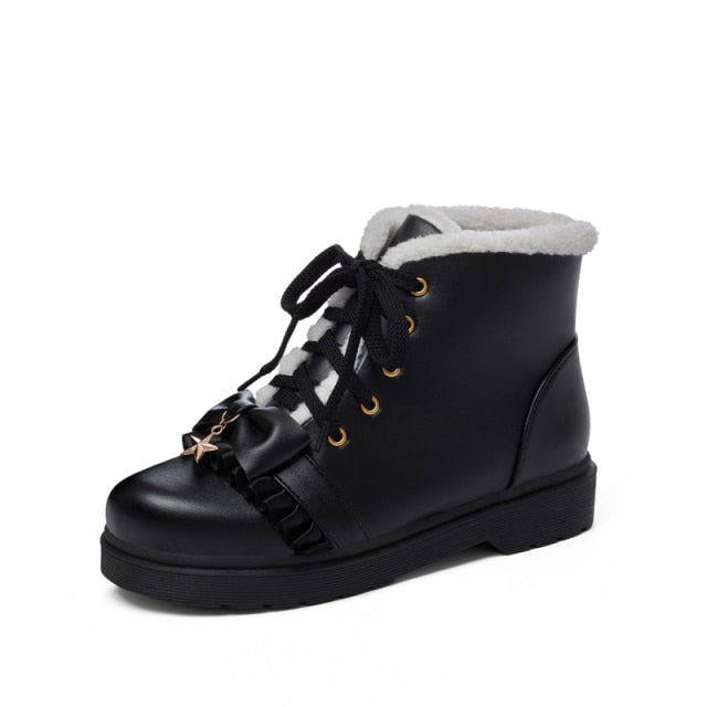 Lolita Ankle Star Lace Up Fur Short Boots