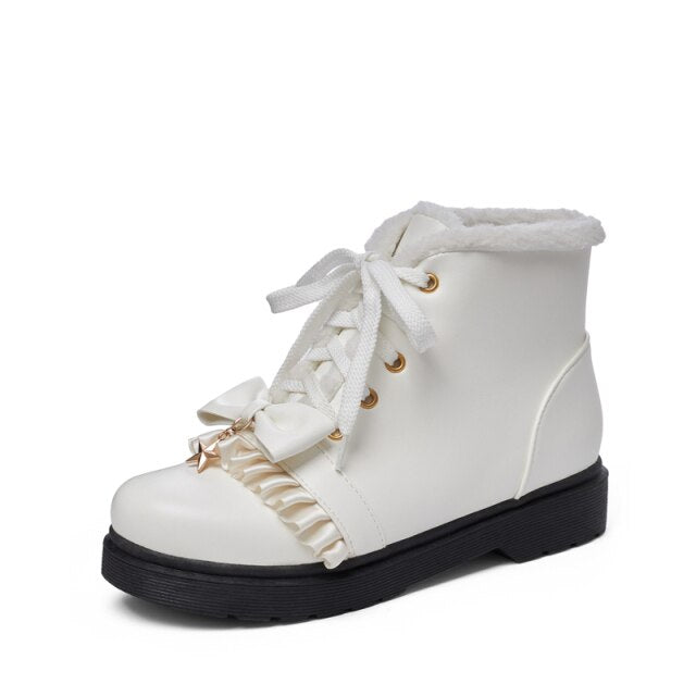 Lolita Ankle Star Lace Up Fur Short Boots