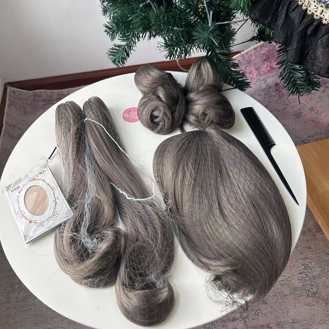 4 Options Flax Gray Short Wig with Removable Ponytails Wig