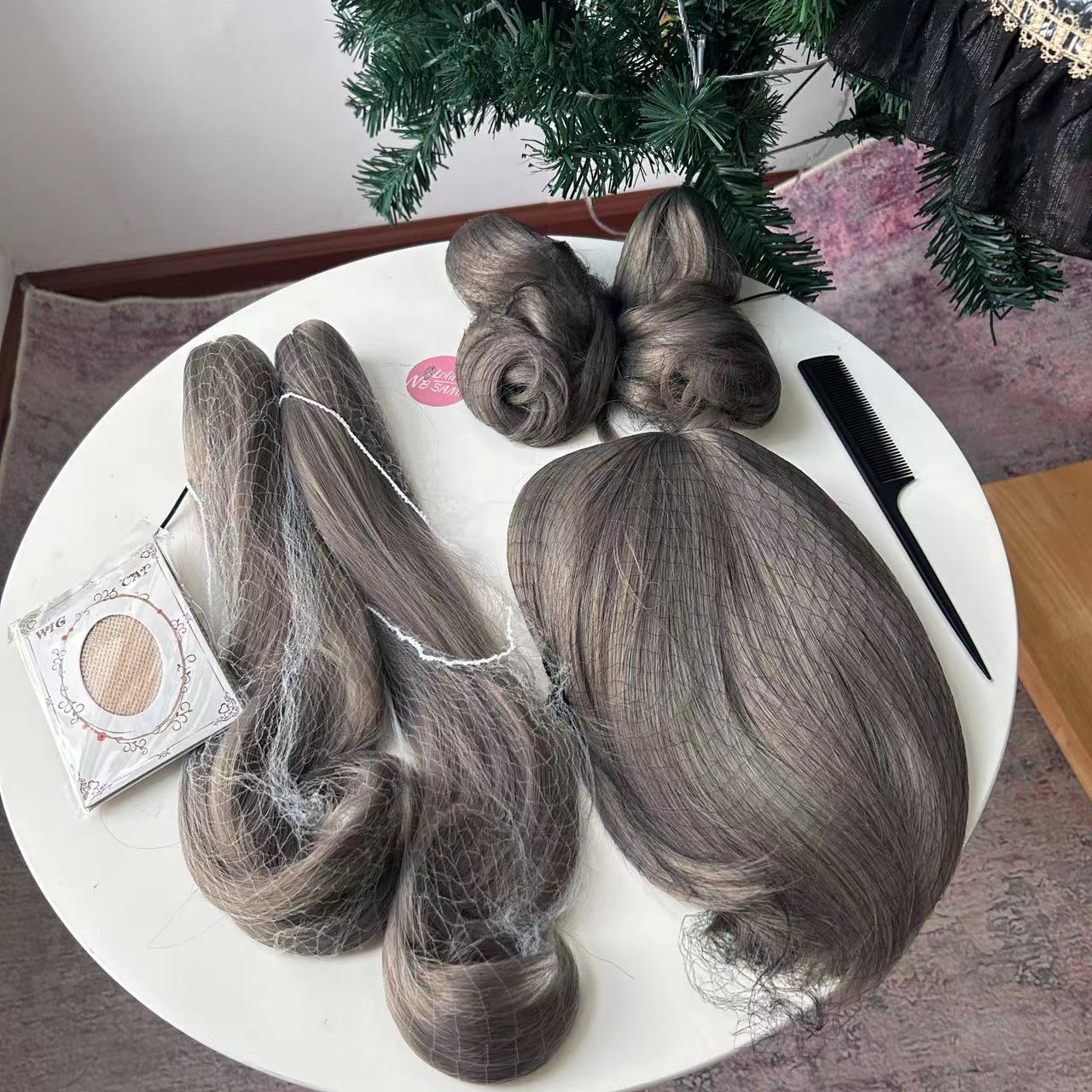 4 Options Flax Gray Short Wig with Removable Ponytails Wig