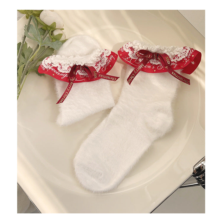 Merry Christmas Nylon Lace Ruffled Trim Short Socks
