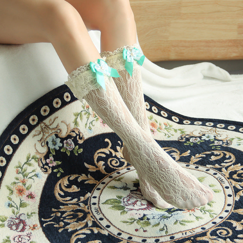 Lace Trimmed Bowknot Decorative Lolita Stocks