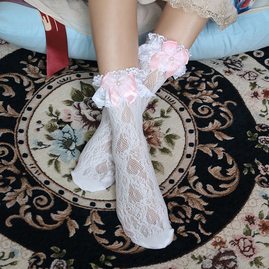 Lace Trimmed Bowknot Decorative Lolita Stocks