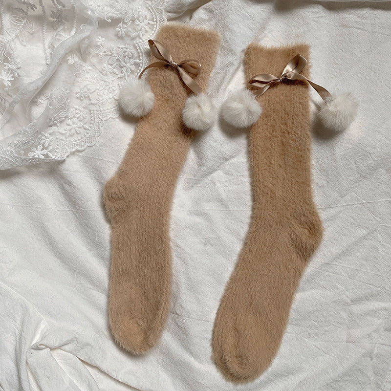 Sweet Lolita Plush Stockings With Small Pom Poms