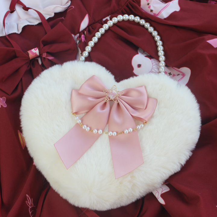 Lolita Pearl Love Shaped Lace Fluffy Bag Carrying Or Cross-Body