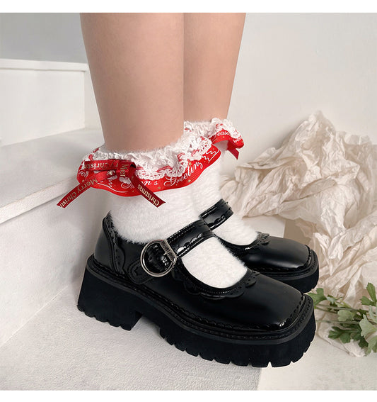 Merry Christmas Nylon Lace Ruffled Trim Short Socks