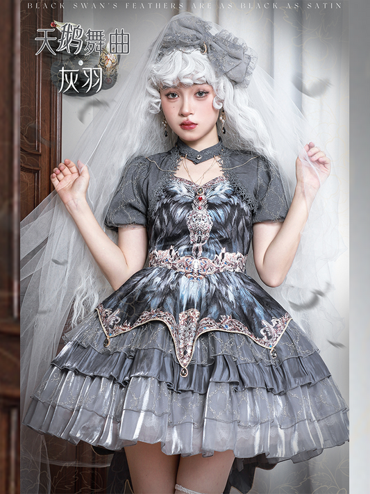 JSK Full Set ♥Pre-order 1 month♥Black Swan Grey Feather ♥Gothic Lolita Dress