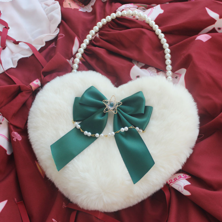 Lolita Pearl Love Shaped Lace Fluffy Bag Carrying Or Cross-Body