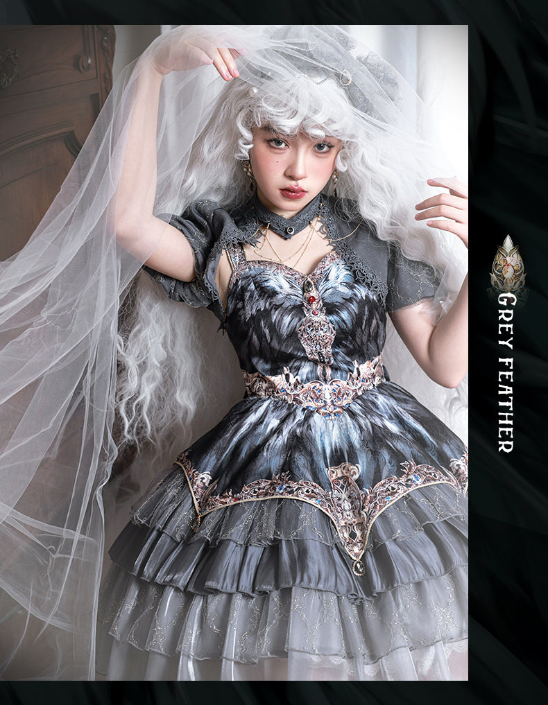 JSK Full Set ♥Pre-order 1 month♥Black Swan Grey Feather ♥Gothic Lolita Dress