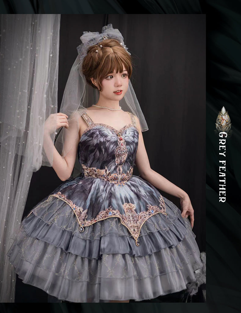 JSK Full Set ♥Pre-order 1 month♥Black Swan Grey Feather ♥Gothic Lolita Dress