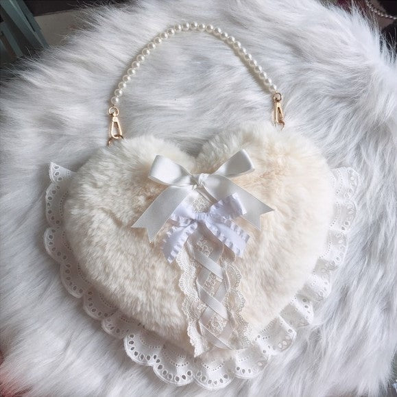 Lolita White Love Shaped Lace Fluffy Bag Carrying Or Cross-Body