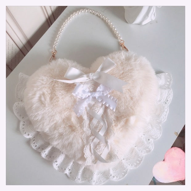 Lolita White Love Shaped Lace Fluffy Bag Carrying Or Cross-Body