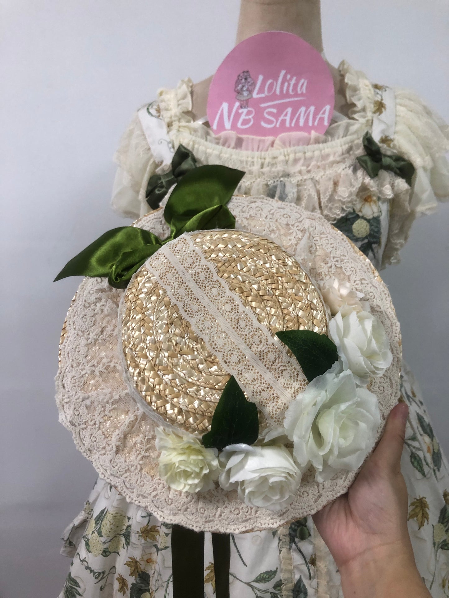 Handmade Floral Green Lolita Straw Hat by nbsamalolita