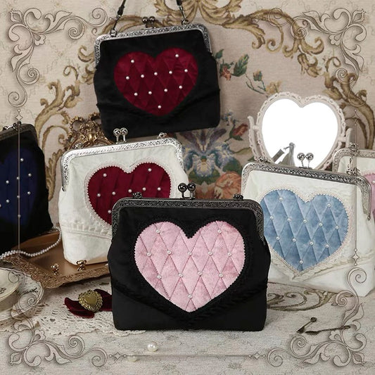 Heart Decorated With Pearls Velvet Lolita Crossbody Bag by Star Box