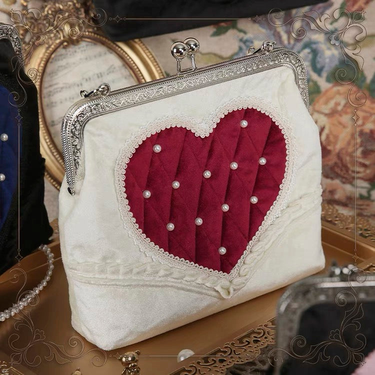 Heart Decorated With Pearls Velvet Lolita Crossbody Bag by Star Box