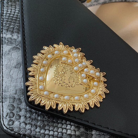 Heart Shape Pearl Inlaid Gothic PU Black Bag