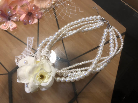 Handmade HimeLolita Artificial Pearl Floral Necklace and Bracelet Set by nbsamalolita