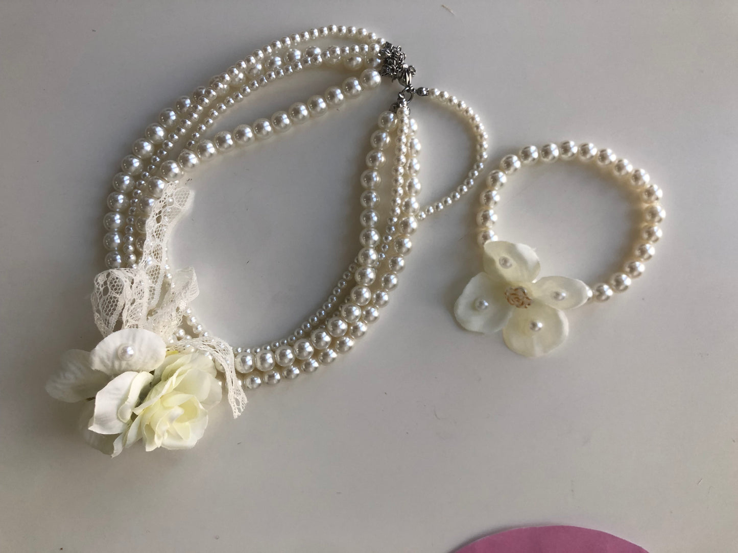 Handmade HimeLolita Artificial Pearl Floral Necklace and Bracelet Set by nbsamalolita