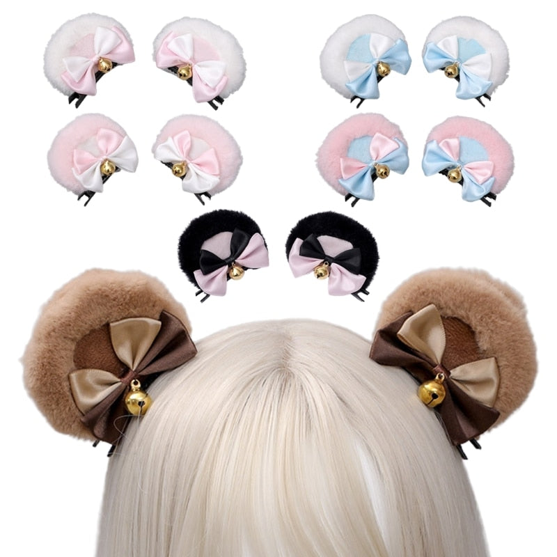 Handmade Lolita Faux Fur Round Bear Ears Hair Clip 2Pcs Set