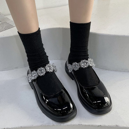 Crystal Flowers Shoes Black  Leather Lolita Shoes