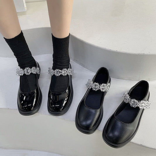 Crystal Flowers Shoes Black  Leather Lolita Shoes