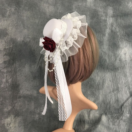 Vintage Small Lolita Top Hat Hairpin Ruffles Lace Ribbon Bow