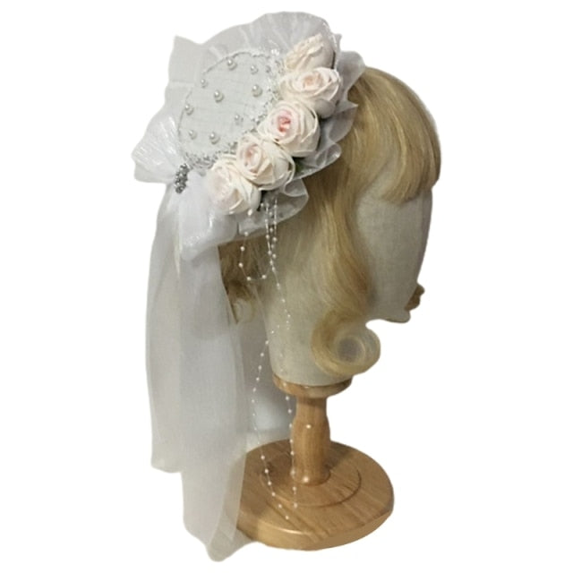 Sweet Lolita Pearl Beaded Mini Lace Top Hat